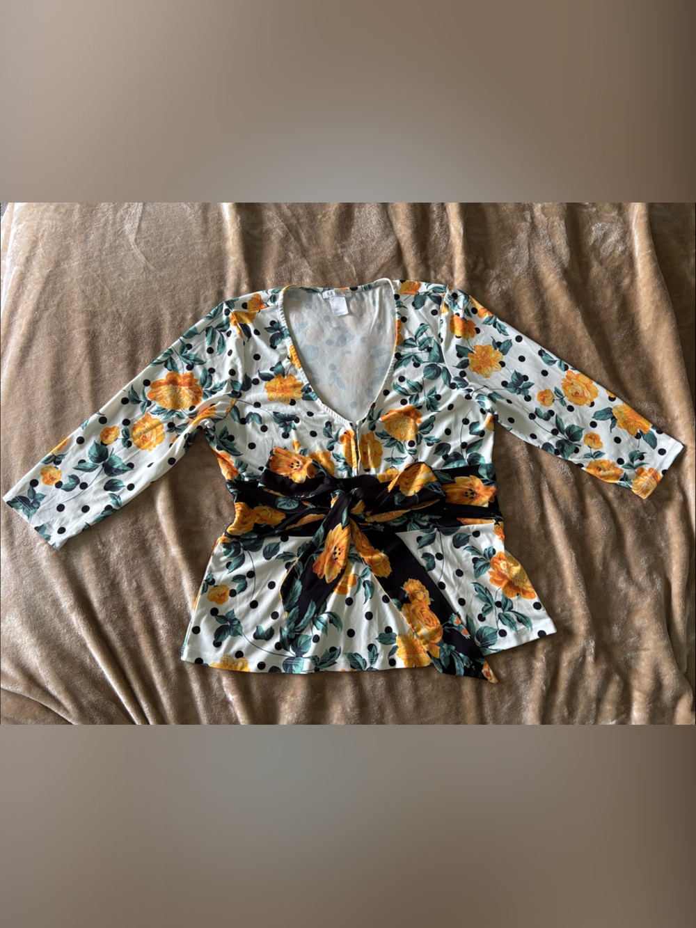 VENUS Yellow Floral & Black Polka Dot Tie-Front Long Sleeve Top